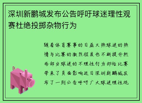 深圳新鹏城发布公告呼吁球迷理性观赛杜绝投掷杂物行为 深圳新鹏城发布公告呼吁球迷理性观赛杜绝投掷杂物行为
